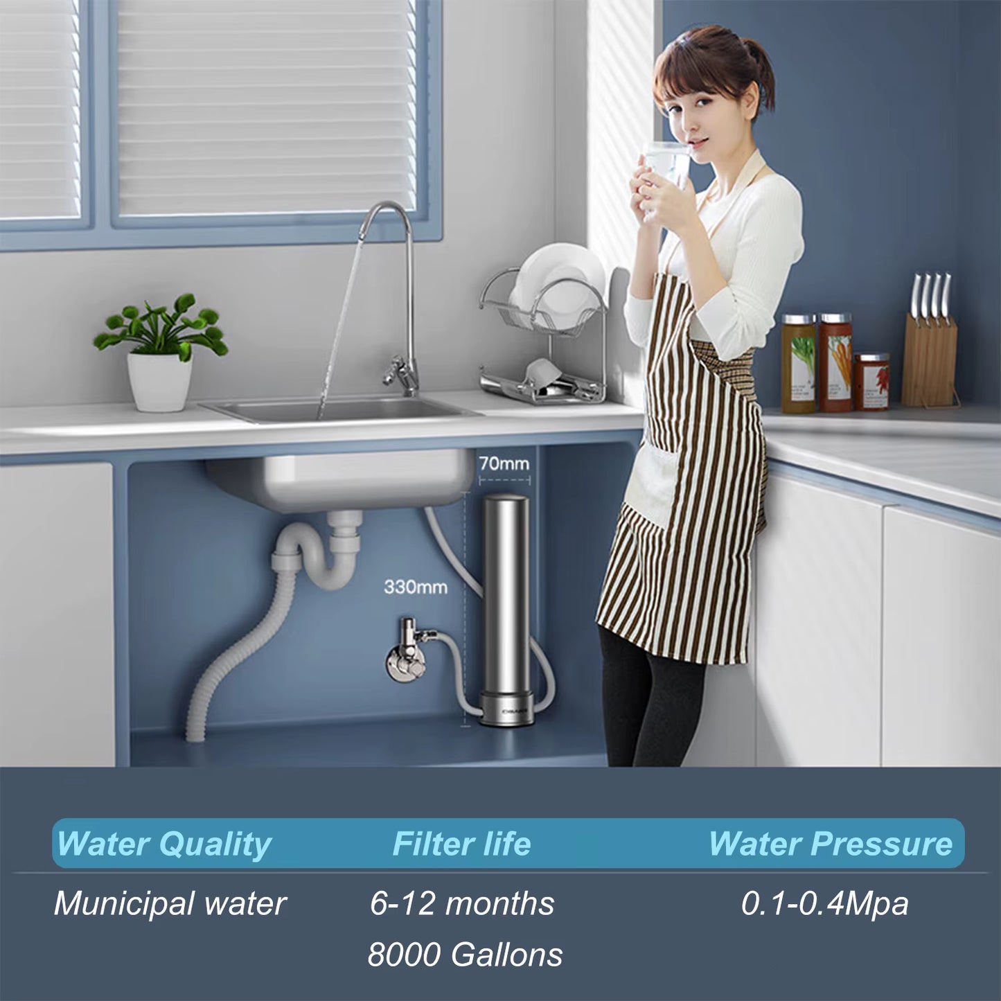 U200PRO Kitchen under Sink Drinking Water Filter Purifier with Faucet Reduces Bacteria, Metal,Lead, Chlorine and Odor