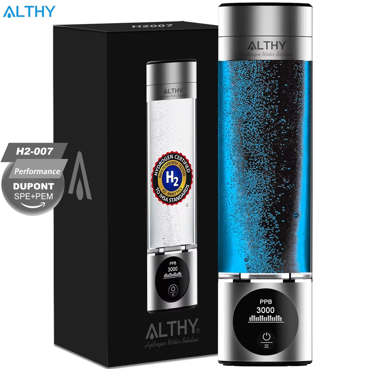 Performance Hydrogen Water Generator Bottle Dupont SPE+PEM Dual Chamber Lonizer + Ppb&Time Display + H2 Inhalation Device