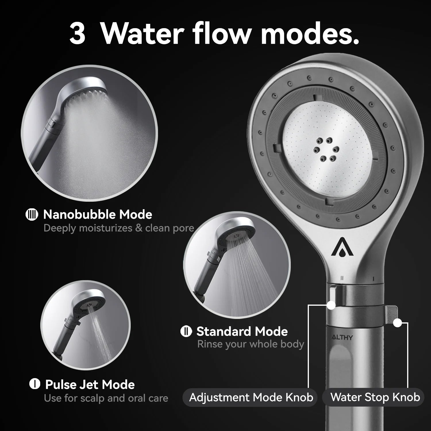 ALTHY Nanobubble Mist Handheld Shower Head Water Filter, Carbon Filter 99% Chlorine, Care Skin&Hair 3 Modes Water-Stop Button