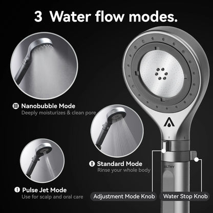 ALTHY Nanobubble Mist Handheld Shower Head Water Filter, Carbon Filter 99% Chlorine, Care Skin&Hair 3 Modes Water-Stop Button