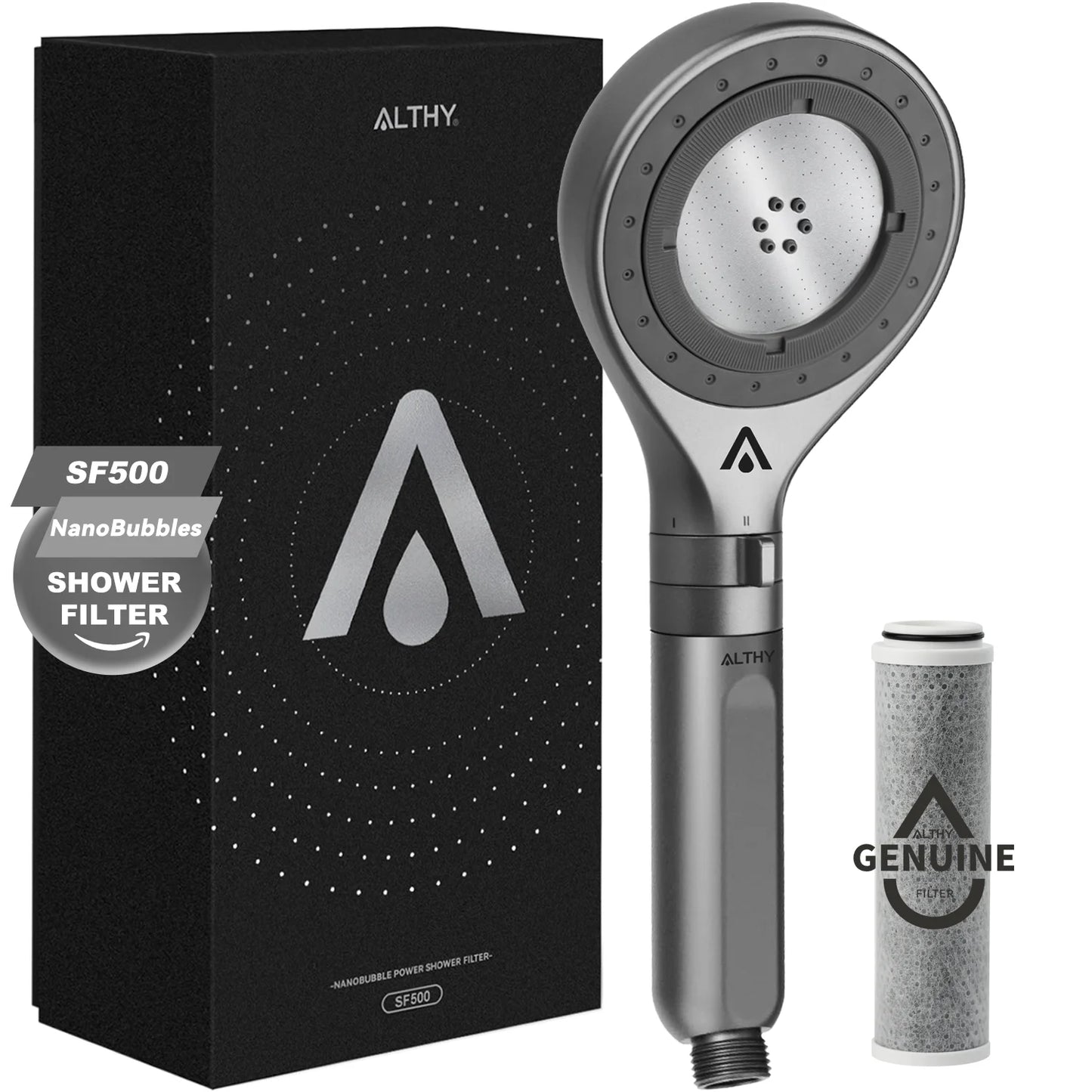 ALTHY Nanobubble Mist Handheld Shower Head Water Filter, Carbon Filter 99% Chlorine, Care Skin&Hair 3 Modes Water-Stop Button