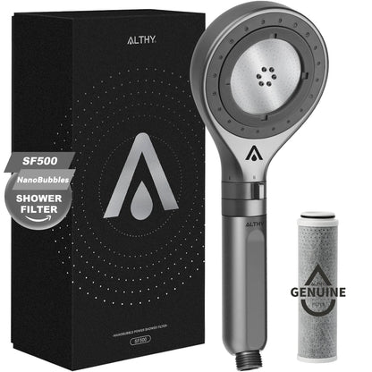ALTHY Nanobubble Mist Handheld Shower Head Water Filter, Carbon Filter 99% Chlorine, Care Skin&Hair 3 Modes Water-Stop Button